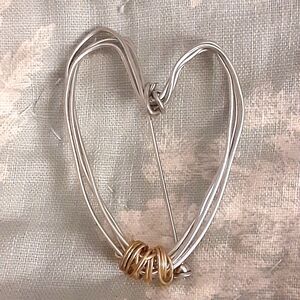 Handmade Wire Heart Brooch Silver Tone w Gold Accent Artisan Pin 3"